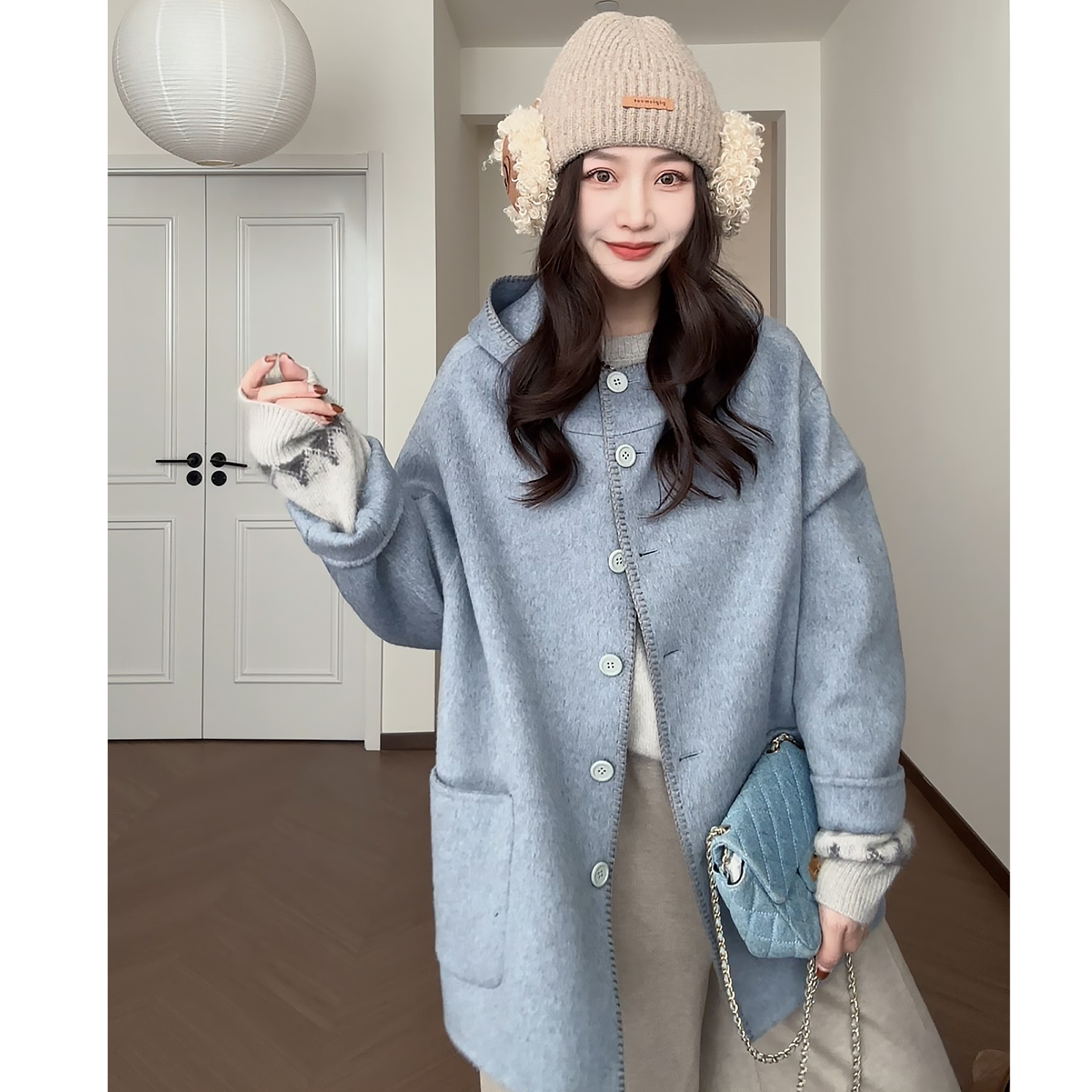 【都市轻行】100%羊毛双面呢大衣韩系宽松显瘦连帽毛呢外套女