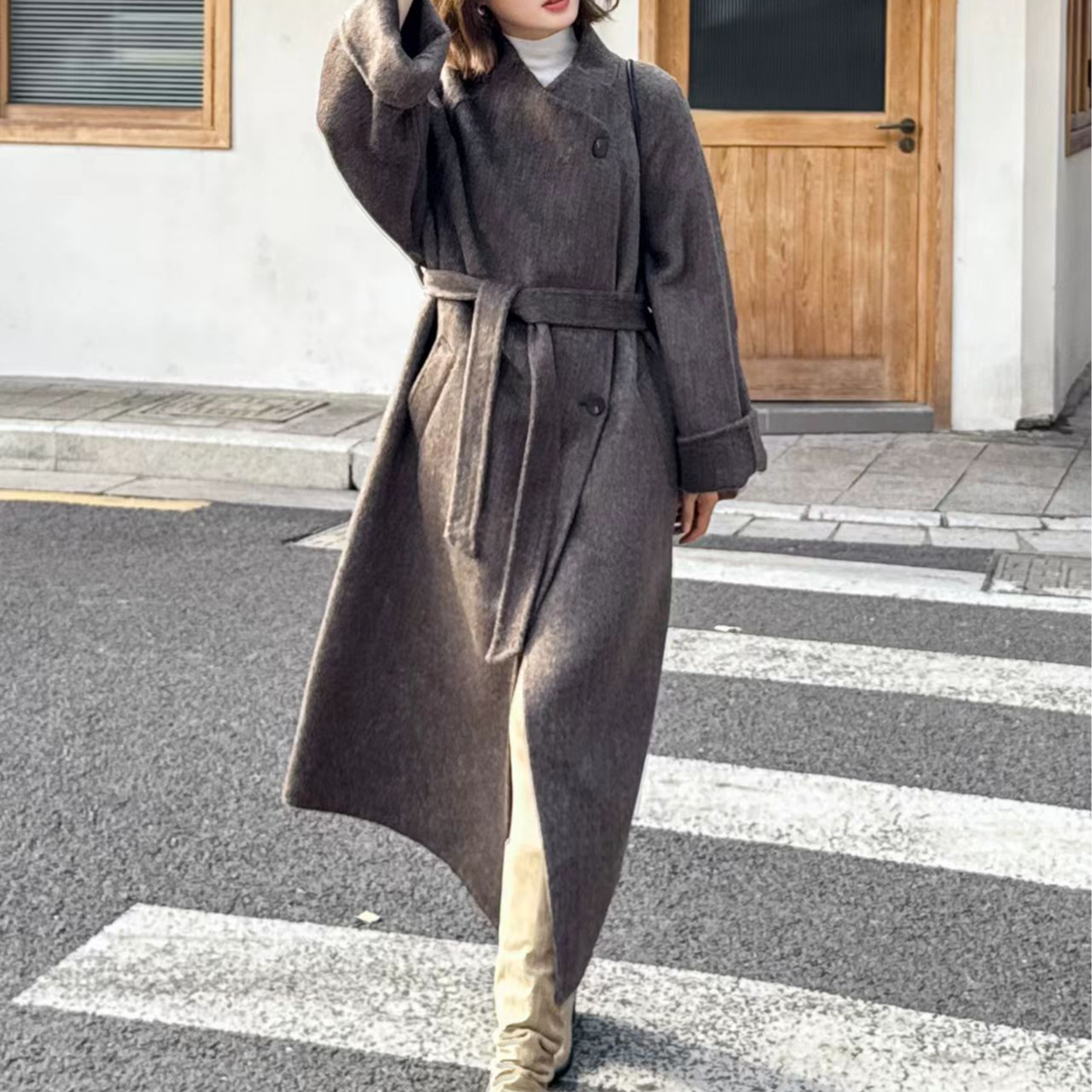 法式厚大翻领秋冬长袖拼接毛呢外套时尚羊毛大衣可爱风韩系女士