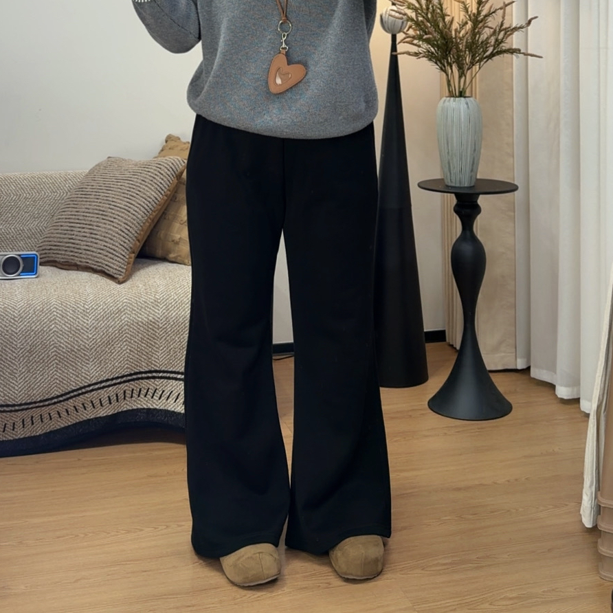 加绒加厚微喇裤中弹韩版高腰松紧腰遮肉显瘦大码女装胖mm黑色长裤