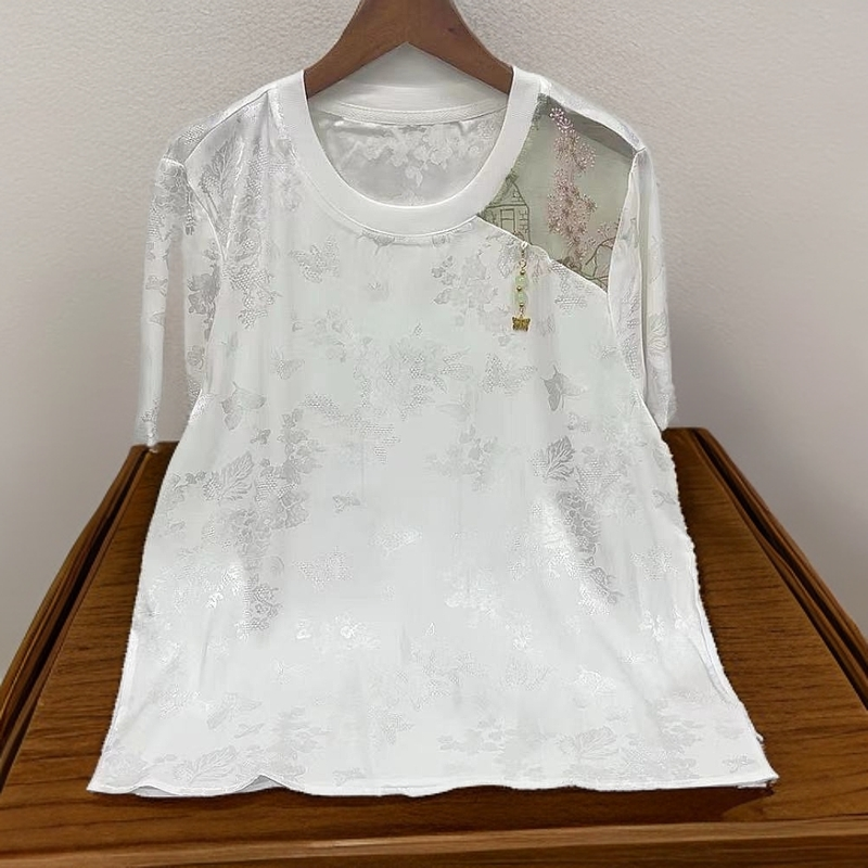 【提花】正肩白色短袖T恤女夏季2024新款半袖上衣新中式国风刺绣