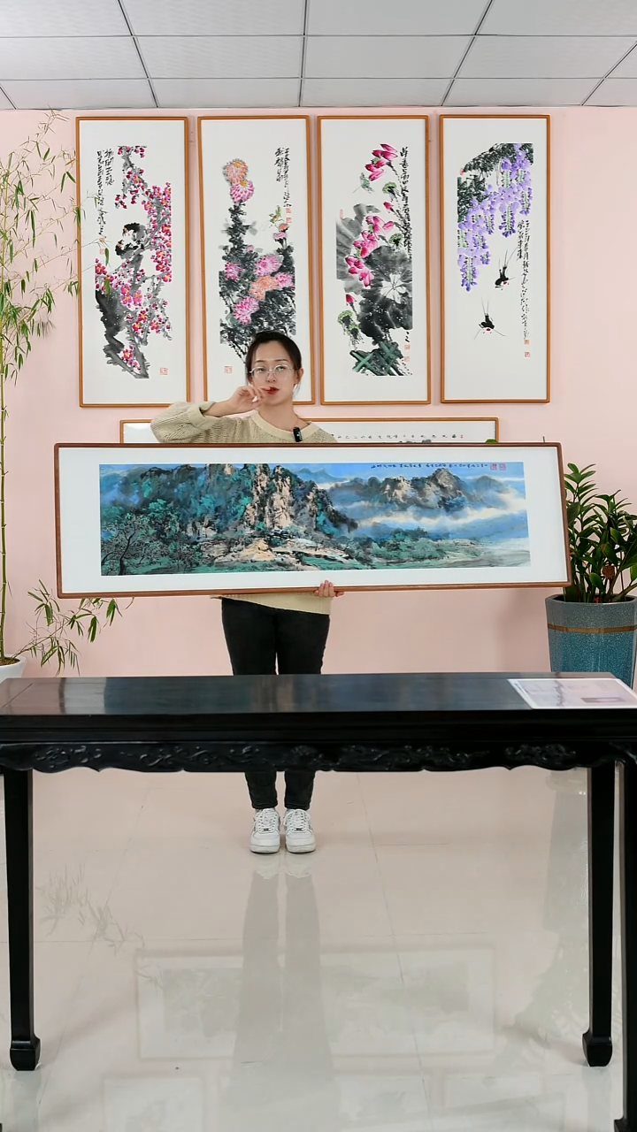 国画王学田《山水气如虹》手绘檀木框162*47厘米