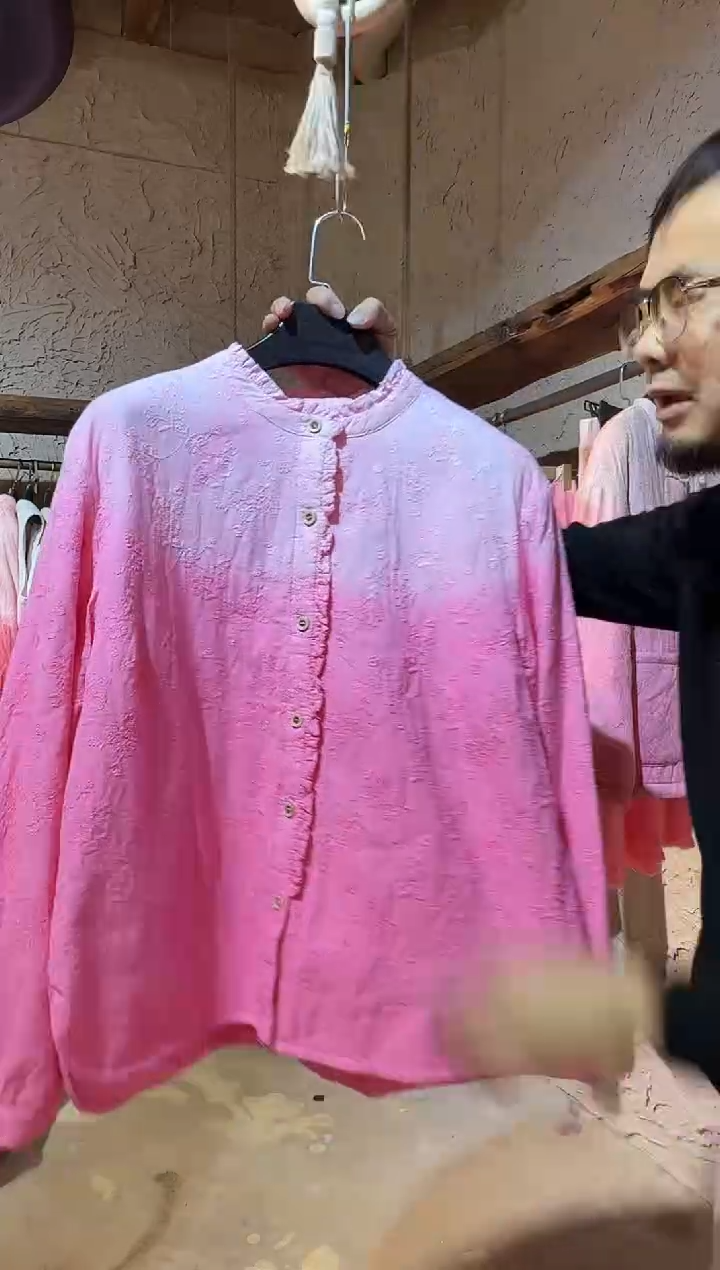 粉染植物染木耳边棉衬衣