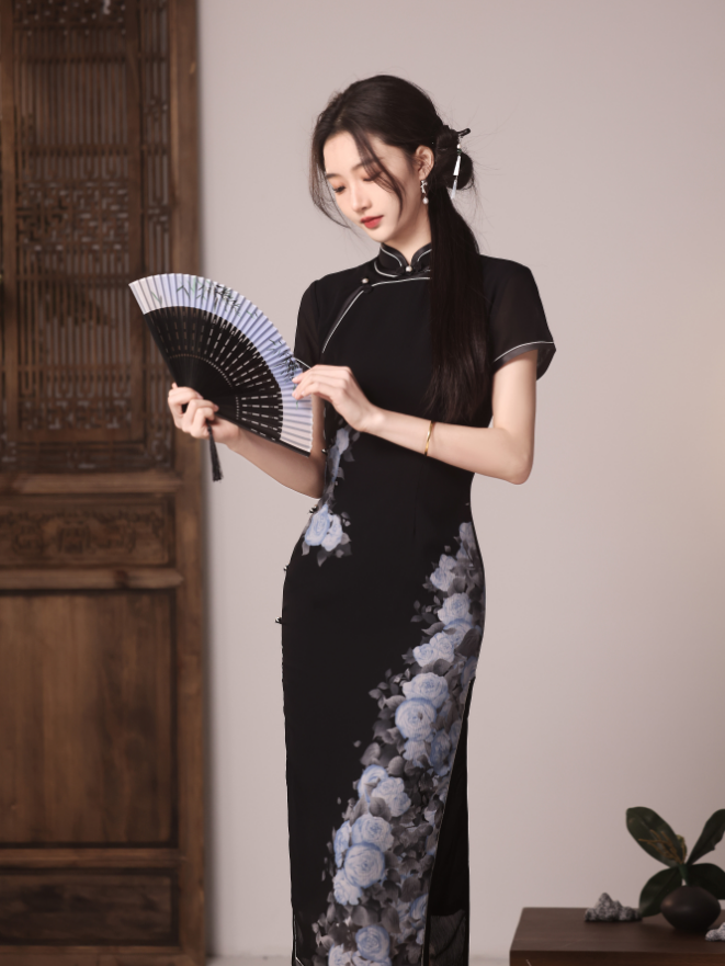 [1069]夏季美人条双层定位花黑色改良中长款旗袍