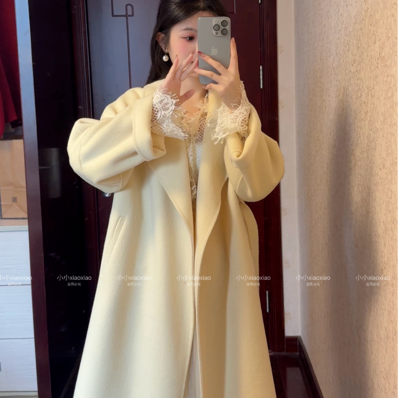 小小【西西里】100%羊毛 长款经典浴袍款双面羊毛红大衣 