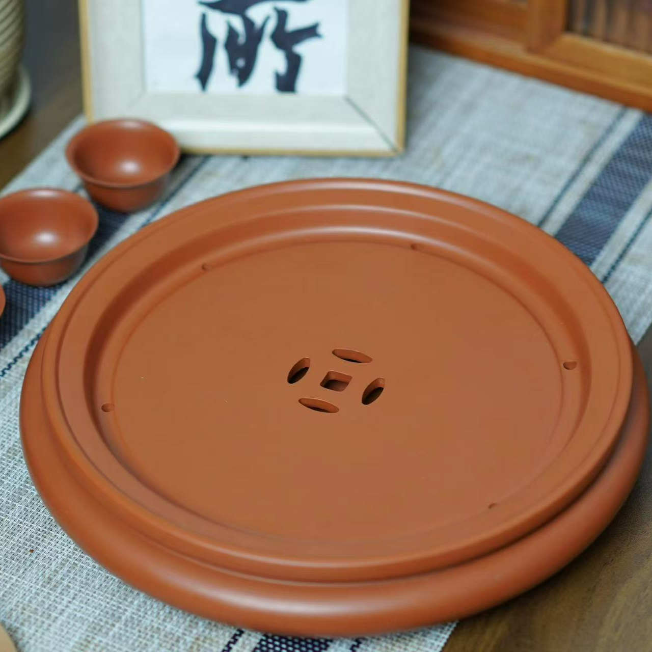 潮州工夫茶盘储水式纯手工手拉红泥茶盘家用圆形双层茶台干泡盘