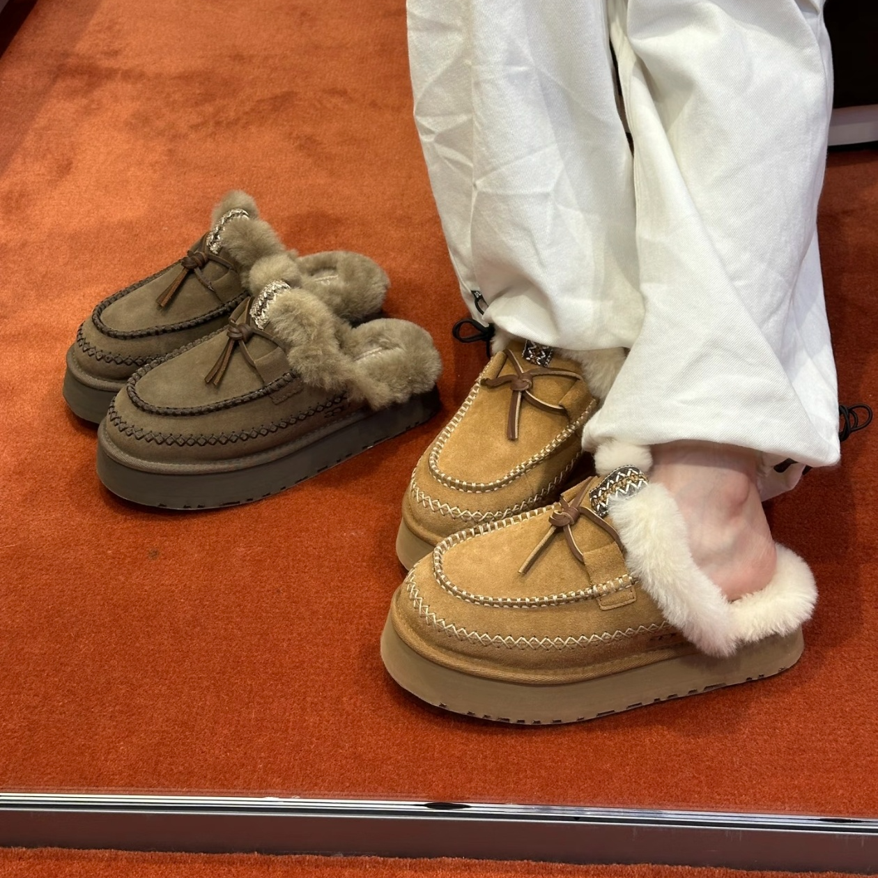 【阿尔派拖鞋4cm】桑坡皮毛一体雪地靴日常休闲风纯色民族风鞋冬季