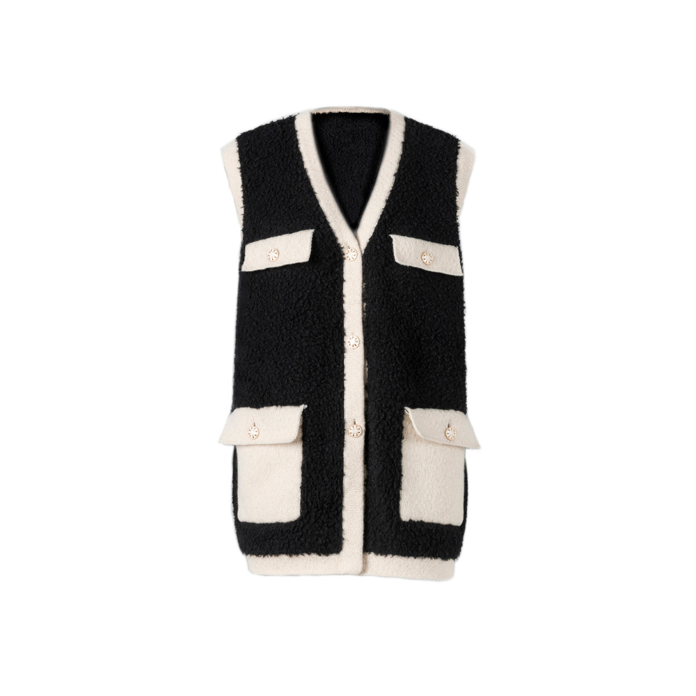 Luxe绒序 100%山羊绒小香风V领廓形马甲撞色时尚百搭无袖背心