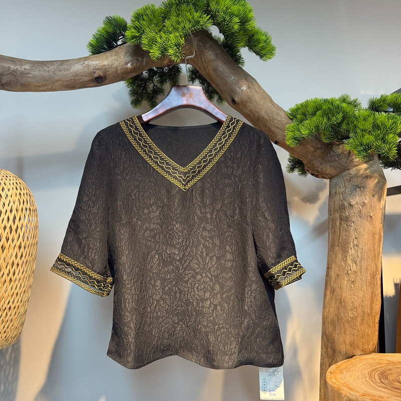 【莨美】顺德非遗香云纱国风冠乐绉V领上衣8008