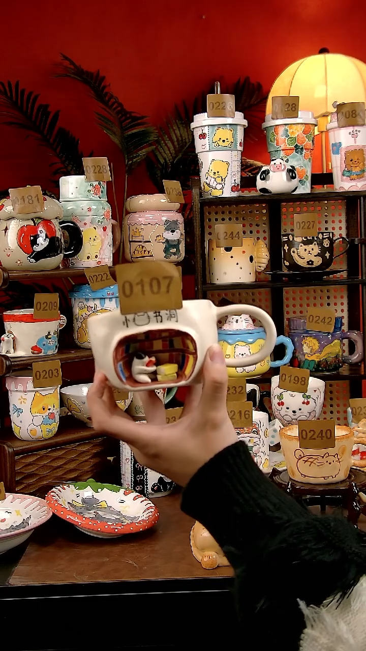 杯子DIY景德镇陶瓷手工手绘卡通风小猫书洞杯