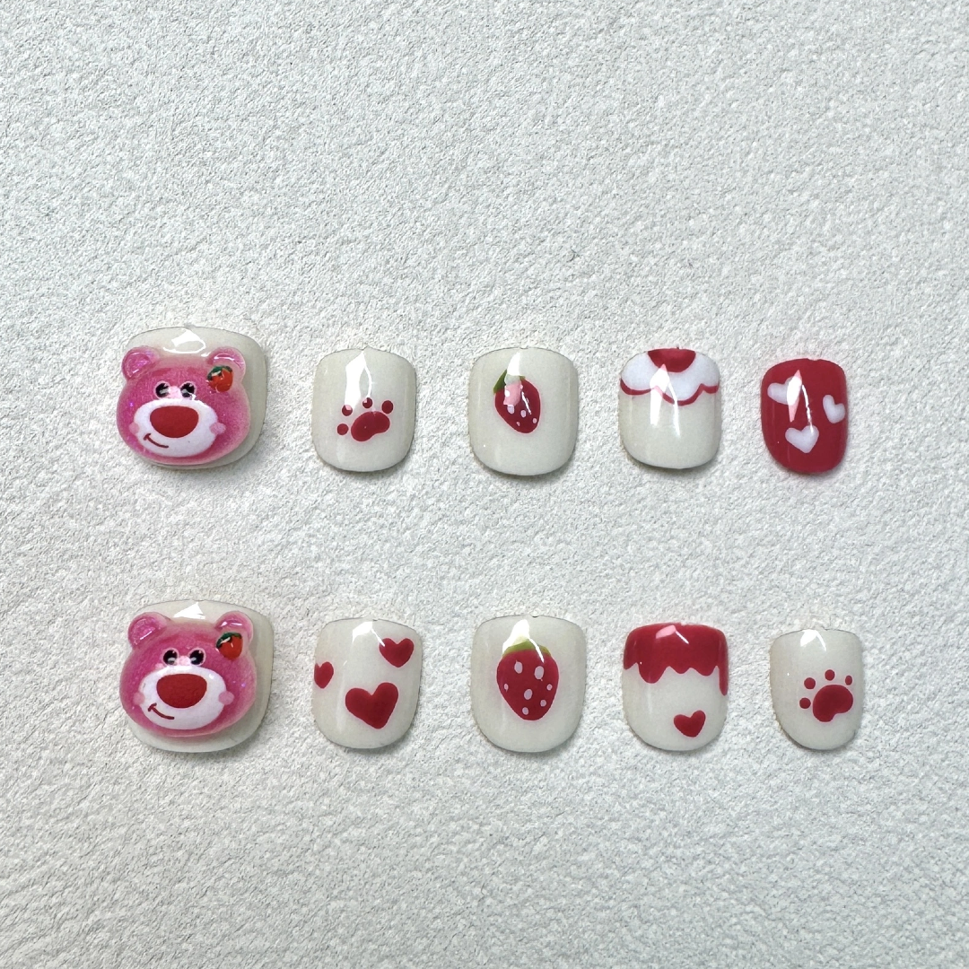 3-12岁秋冬新款草莓熊卡通可爱女童穿戴美甲纯手工小朋友适用美甲