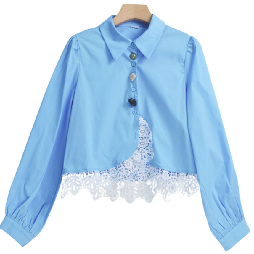 【荣荣】法式设计蕾丝拼接翻领短款春季衬衫-Y14736