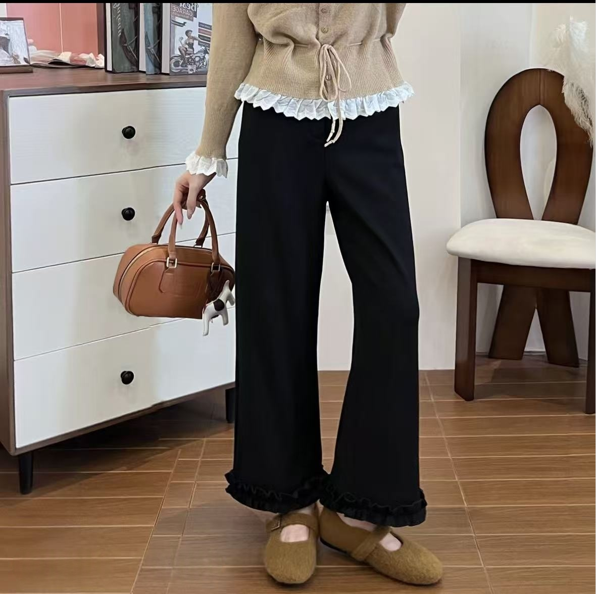 显瘦保暖~秋冬万向弹加绒加厚小个子直筒裤子女显瘦木耳边小黑裤