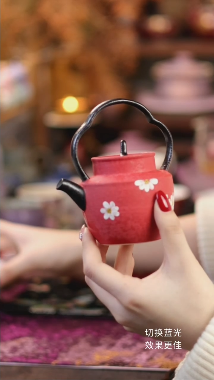 绯红手绘雏菊纹提梁壶