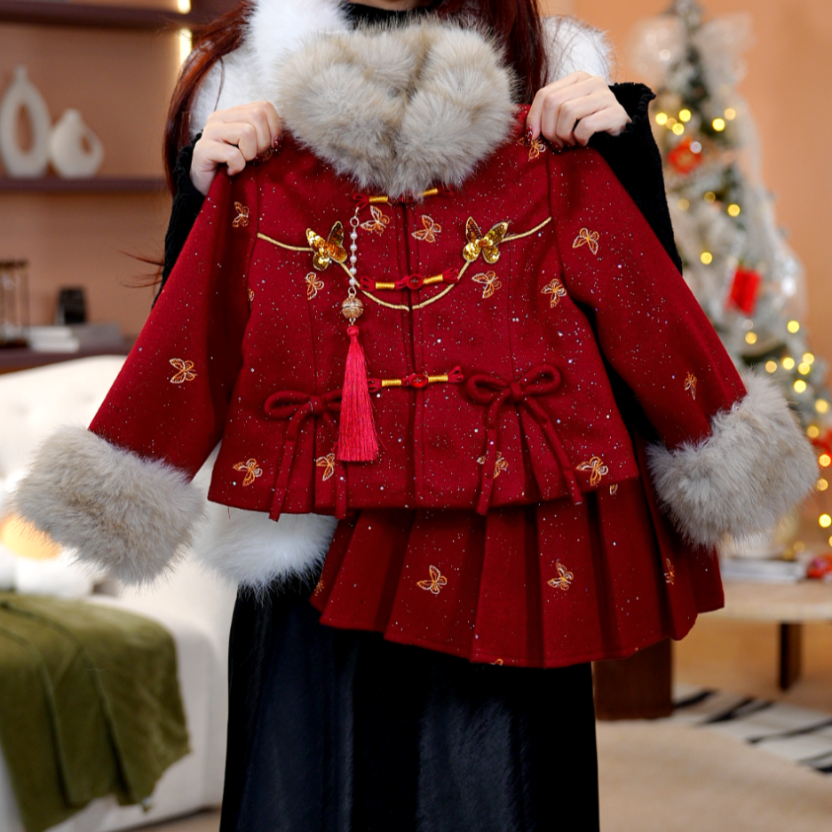 【臻绣】女童秋冬长袖裙子加绒加厚国风女孩呢子新中式套装DS20119