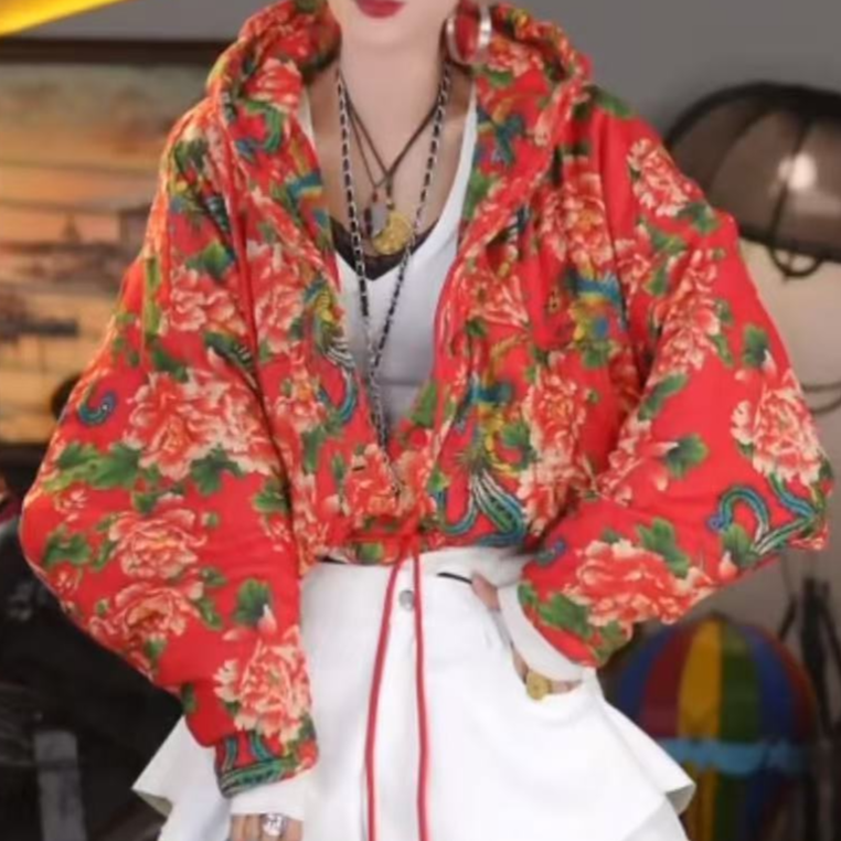东北大花碎花连帽短款棉衣