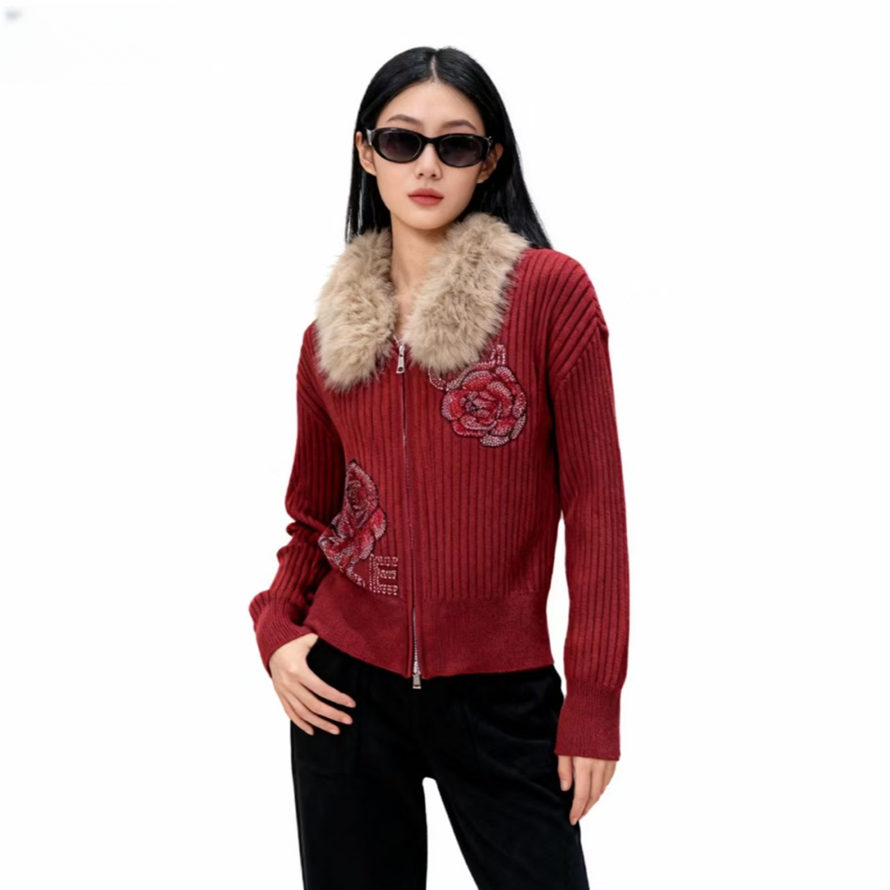 时尚红色重工烫钻外套百搭休闲长袖针织衫-9655-A391