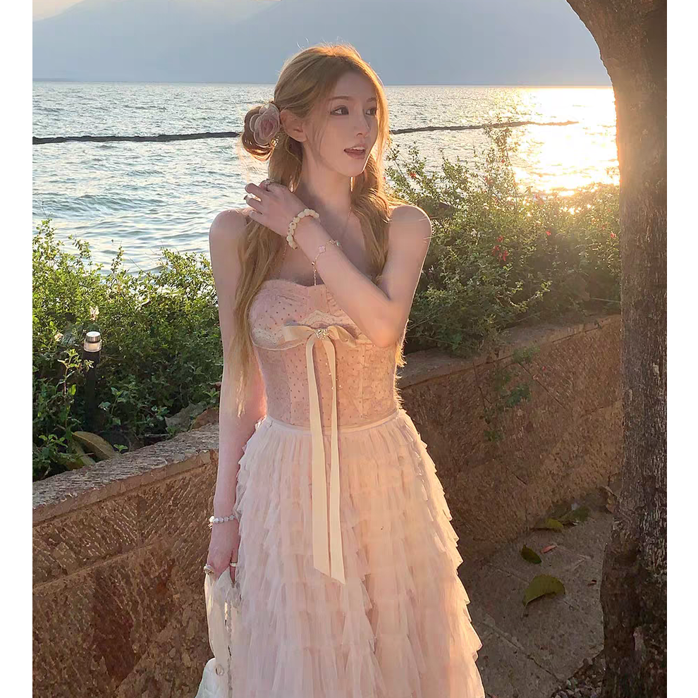 【呆呆】大码春季粉色蝴蝶结蕾丝吊带女波点抹胸上衣网纱蛋糕半身裙