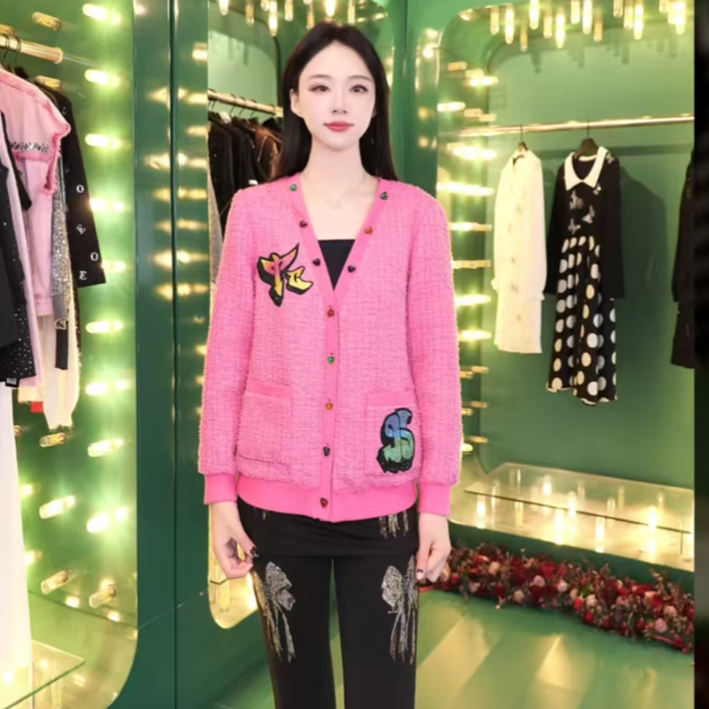 TCH-字母刺绣烫钻彩钻小香风洋气粉色短款针织外套T69D27E6005