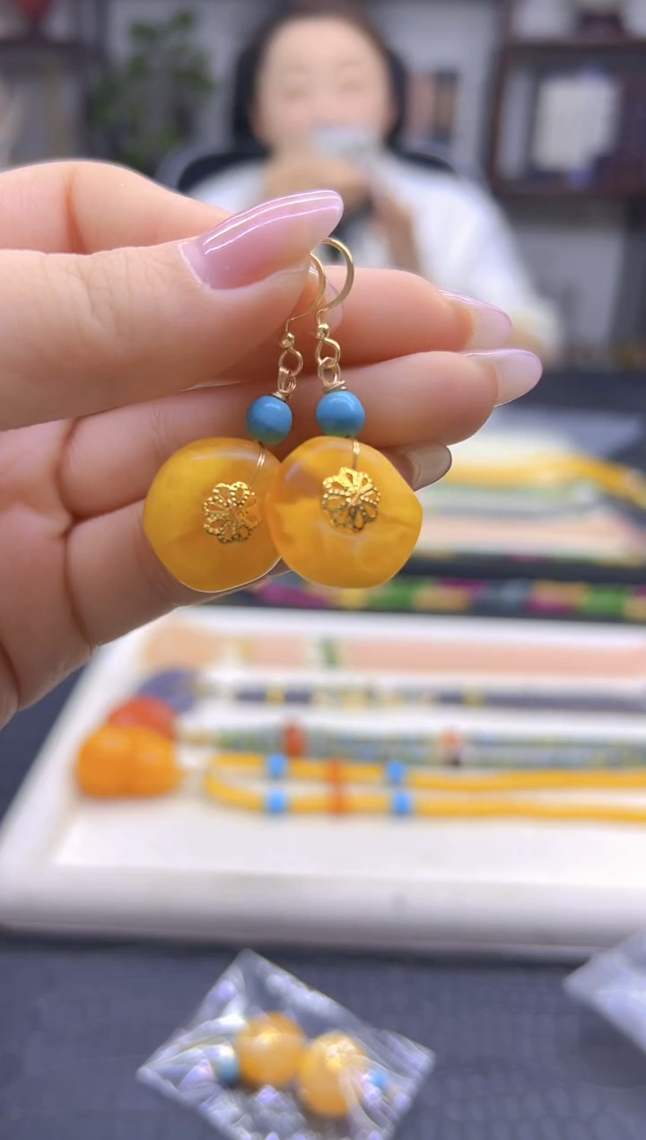 蜜蜡14K金镶嵌耳饰DIY款E134