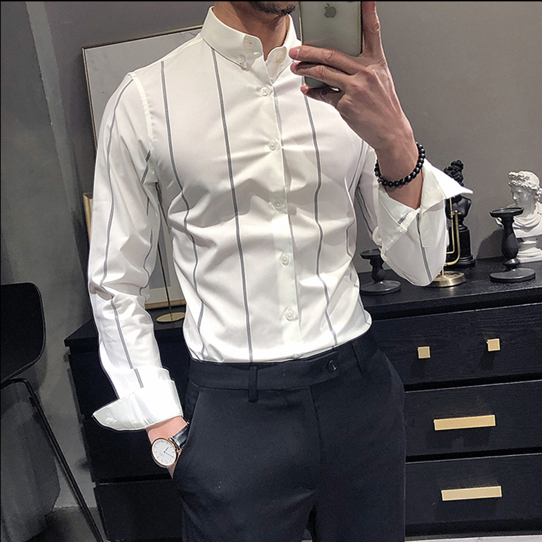 秋冬修身长袖衬衫男士高级感抗皱条纹白色韩版衬衣商务痞帅气休闲