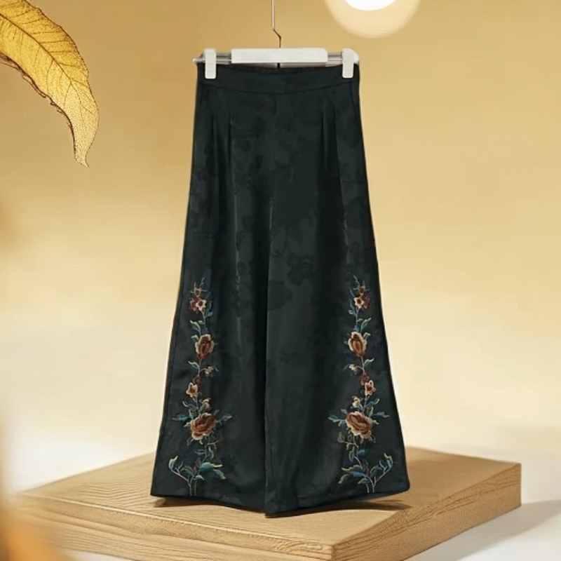 【花语】春季新款中国风妈妈装阔腿裤重工刺绣提花高腰宽松直筒裤