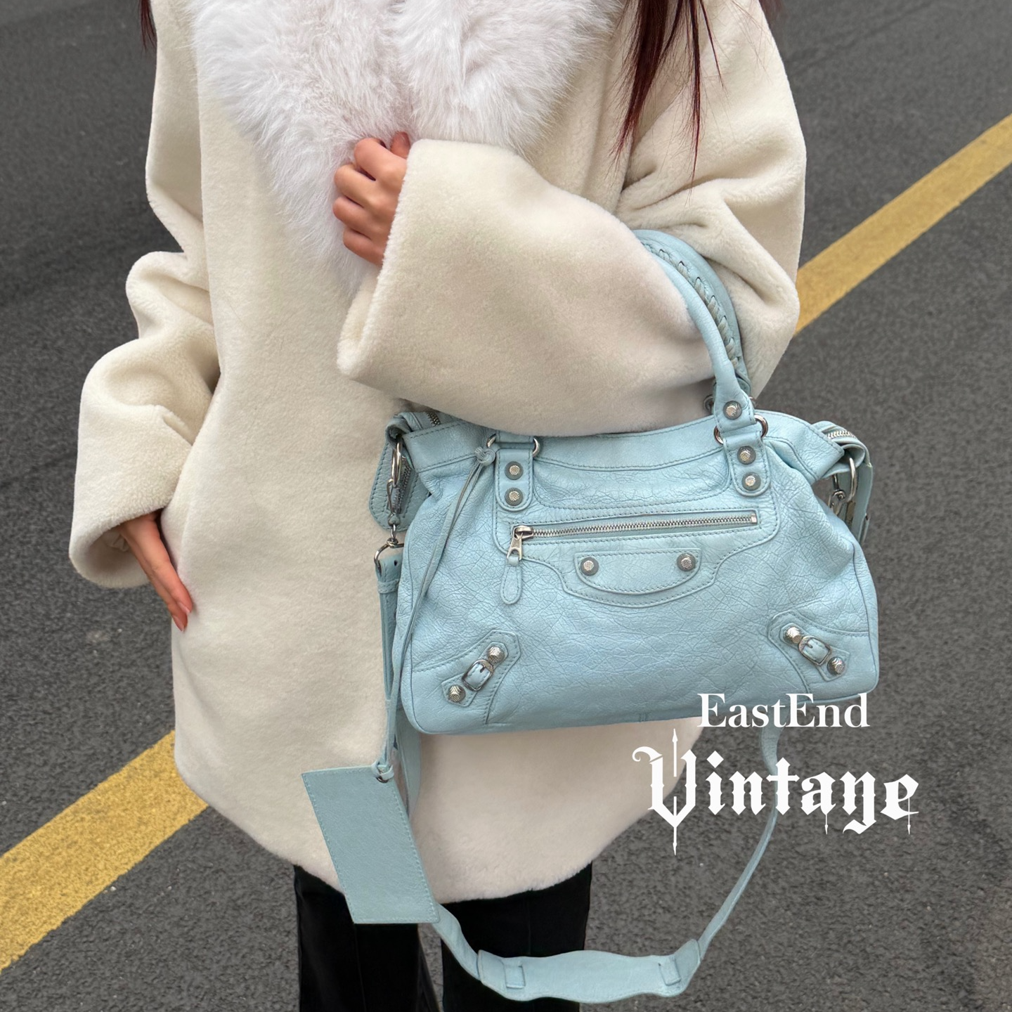 95新 Balenciaga/巴黎世家 東区-婴儿蓝银色菠萝机车包/92289