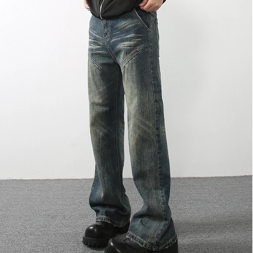得塘studio美式牛仔裤男宽松复古微喇高街设计裤子男款牛仔裤推荐