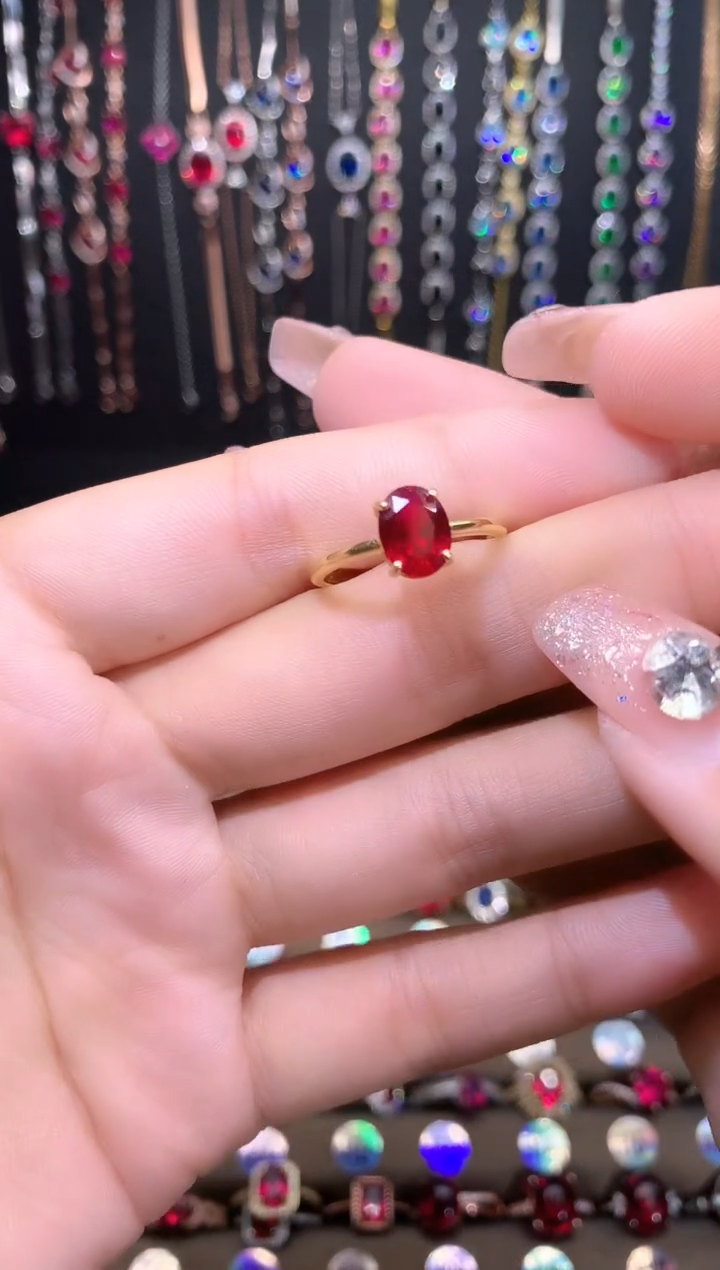 红宝石戒指银S925镶嵌金色酒红68