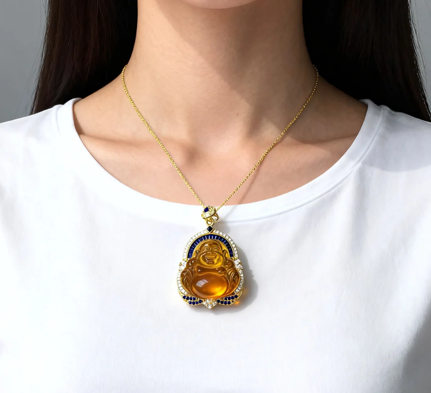 【J0859】天然琥珀紫罗蓝红茶男女佛公吊坠