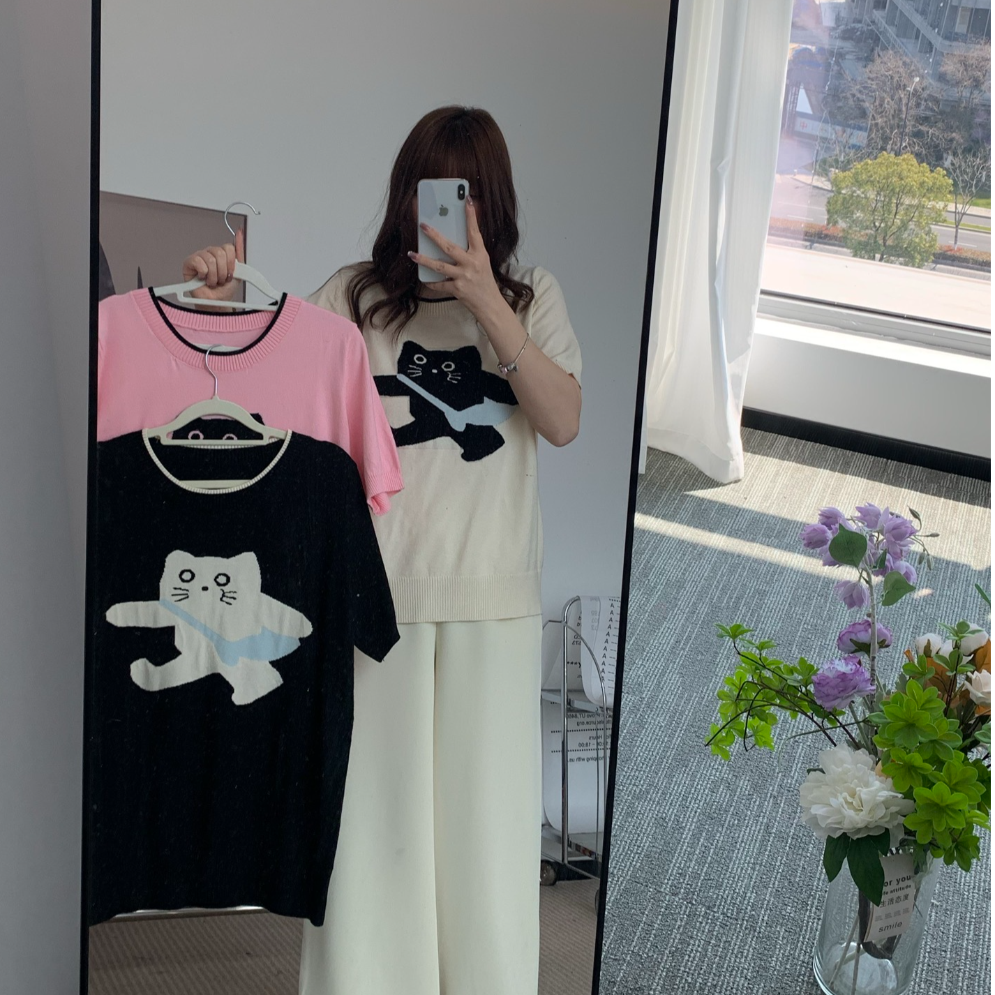 8809大码女装圆领提花猫咪撞色织边减龄宽松显瘦百搭针织衫上衣女