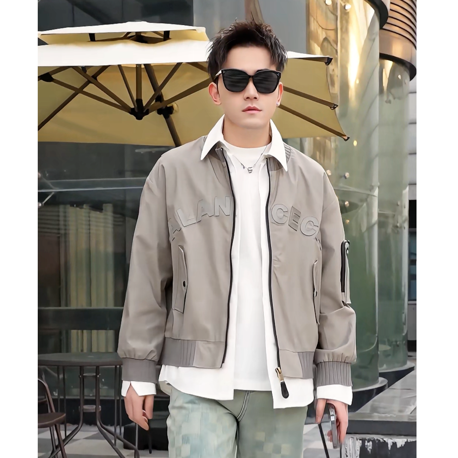 2025春季新款轻奢假两件刺绣翻领修身夹克时尚成熟痞帅潮流外套男