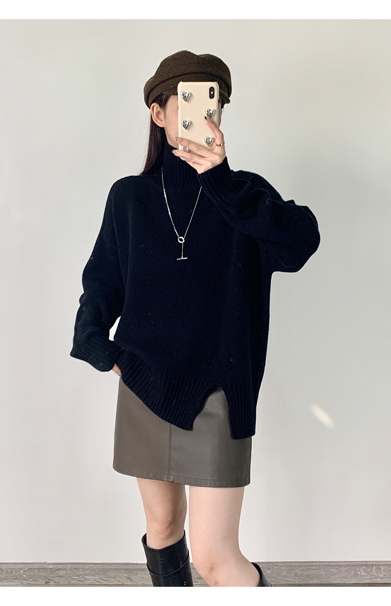 秋冬加厚纯色开叉针织套头衫新款针织打底衫