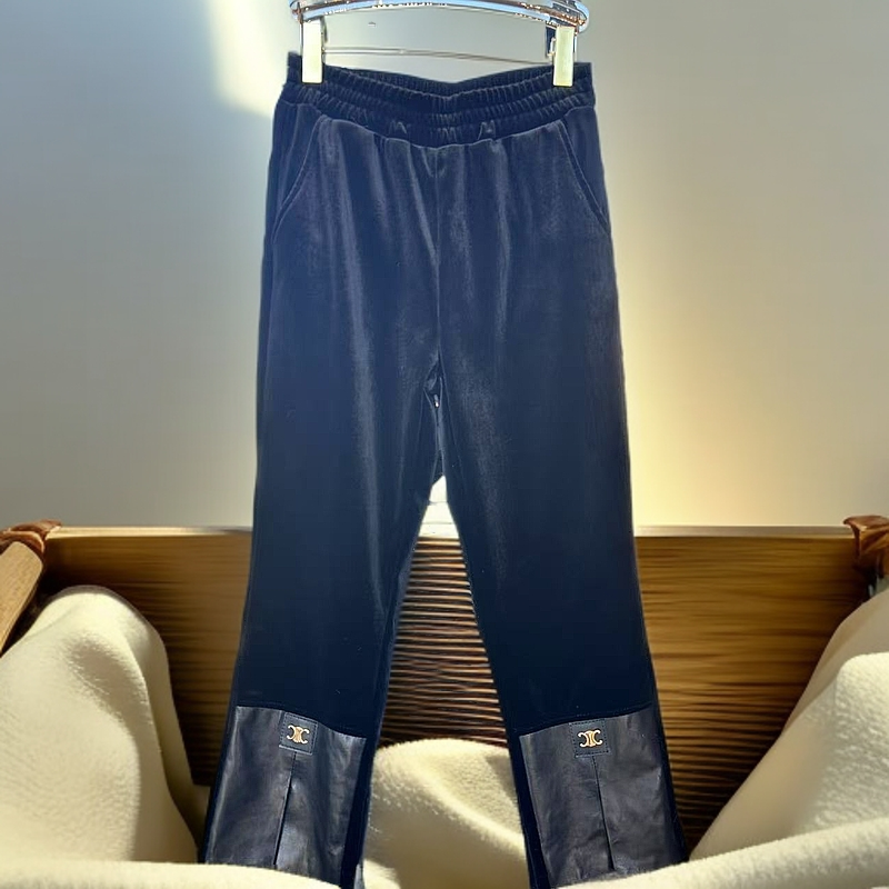 丝绒拼接微喇裤女高腰显瘦直筒休闲裤潮流百搭配羊皮