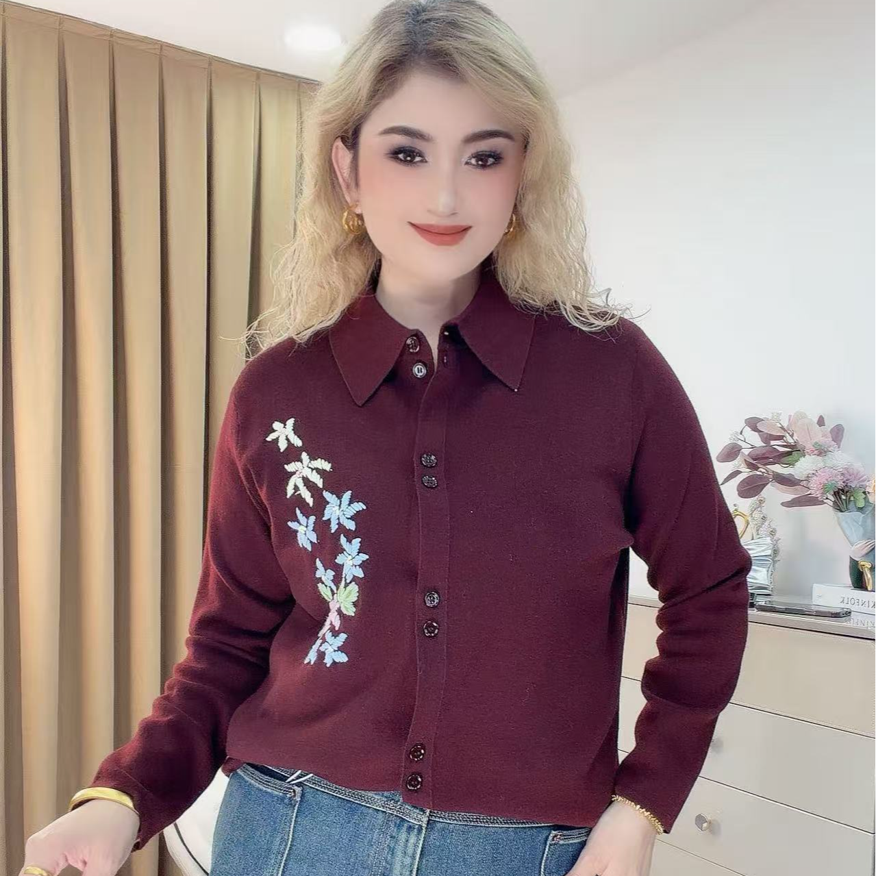 秋冬款POLO领长袖亮片长款针织衫