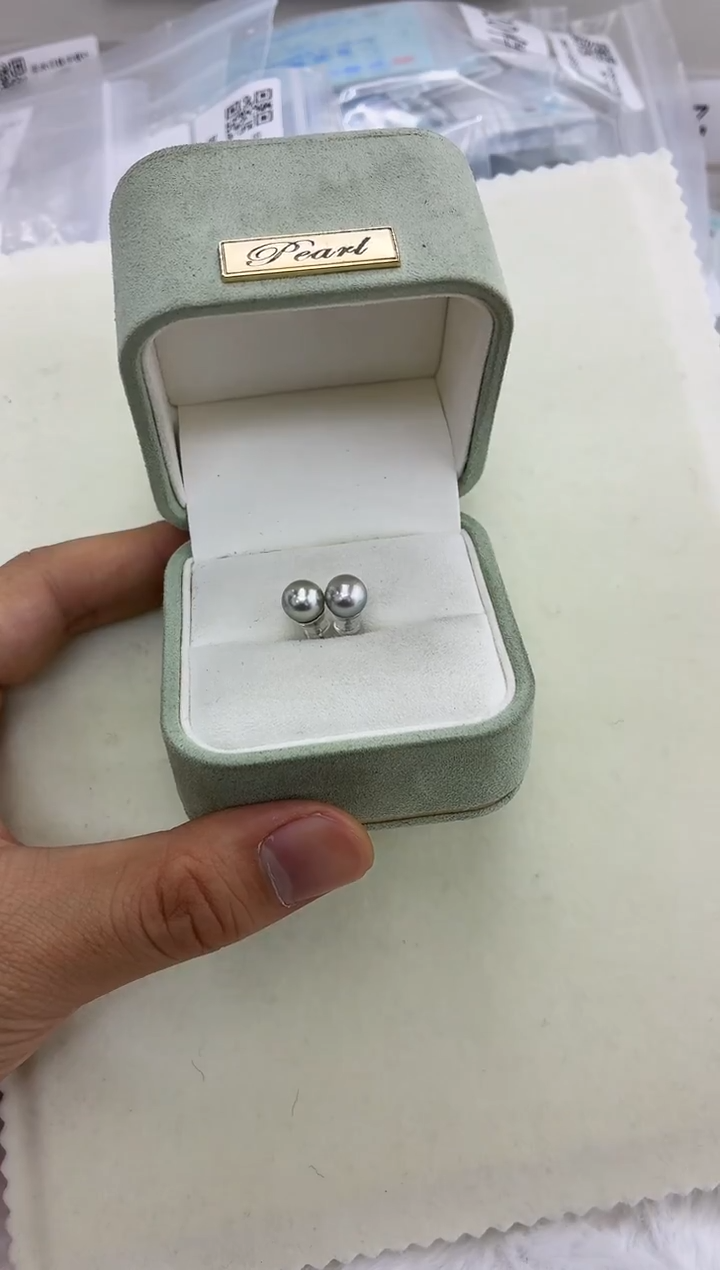 银S925镶嵌DA海水珍珠灰珠耳钉7-8 BQ007