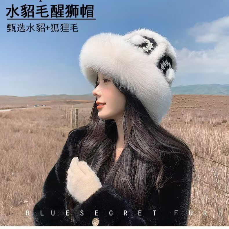 新款加厚醒狮帽女冬季保暖水貂毛毛针织帽狐狸毛皮草显脸小渔夫帽