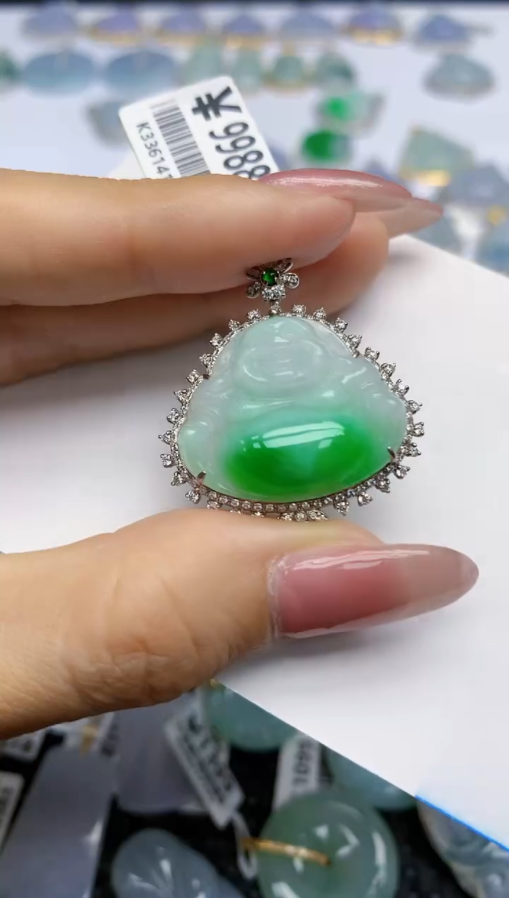 【闪购商品】翡翠挂件18K金镶嵌天然翡翠A货