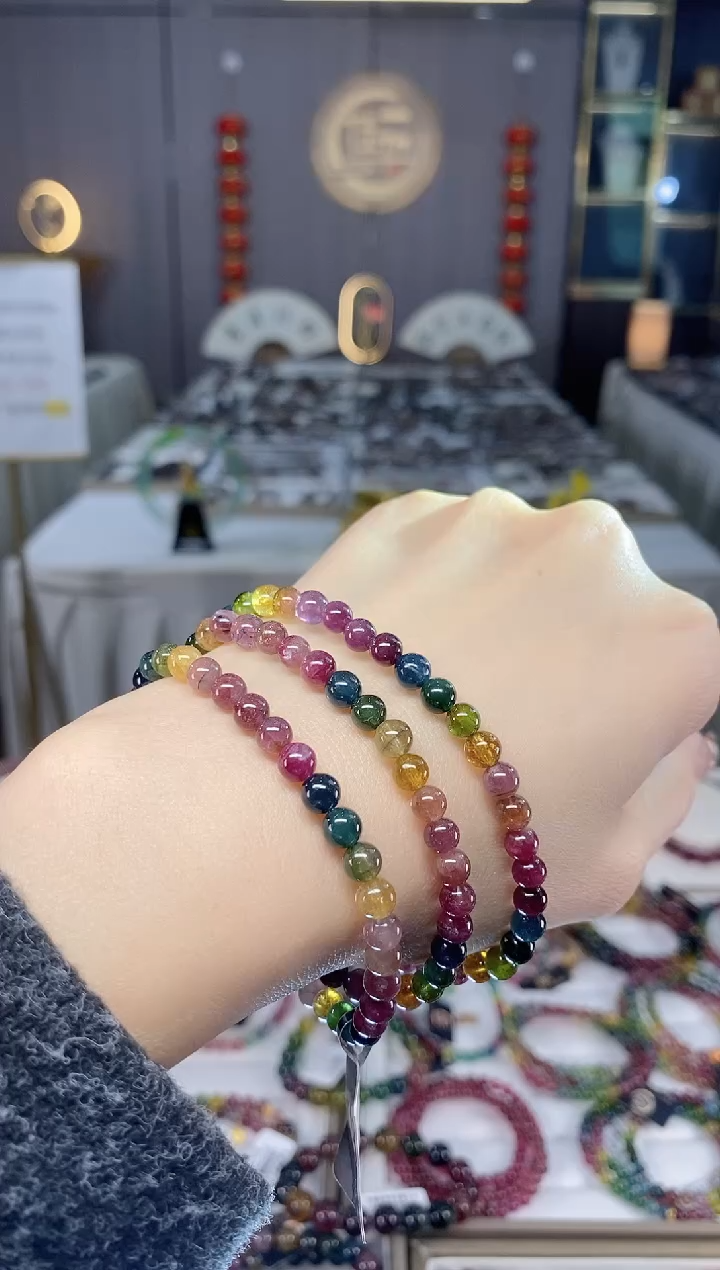 未镶嵌老矿碧玺色标彩虹三圈手串5mm+碧玺dan多样性发货一条
