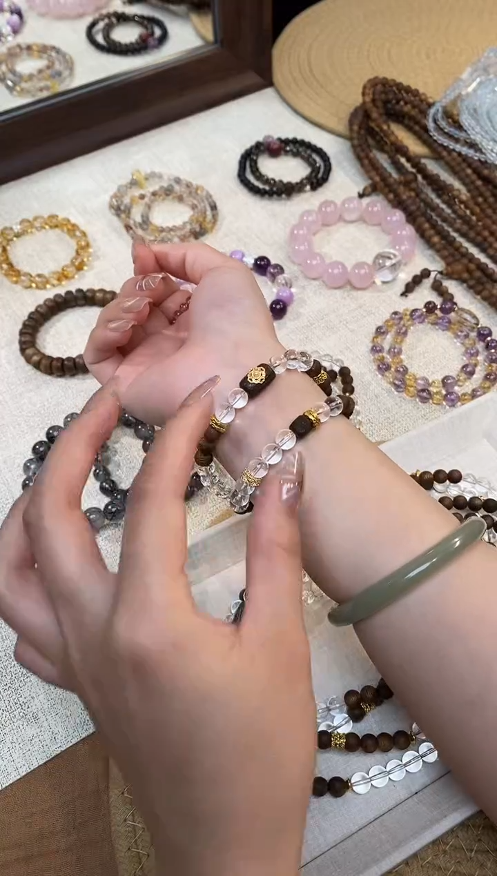 合金手链水晶《若水》白水晶奇楠沉香设计双圈7-8mm多样性发一