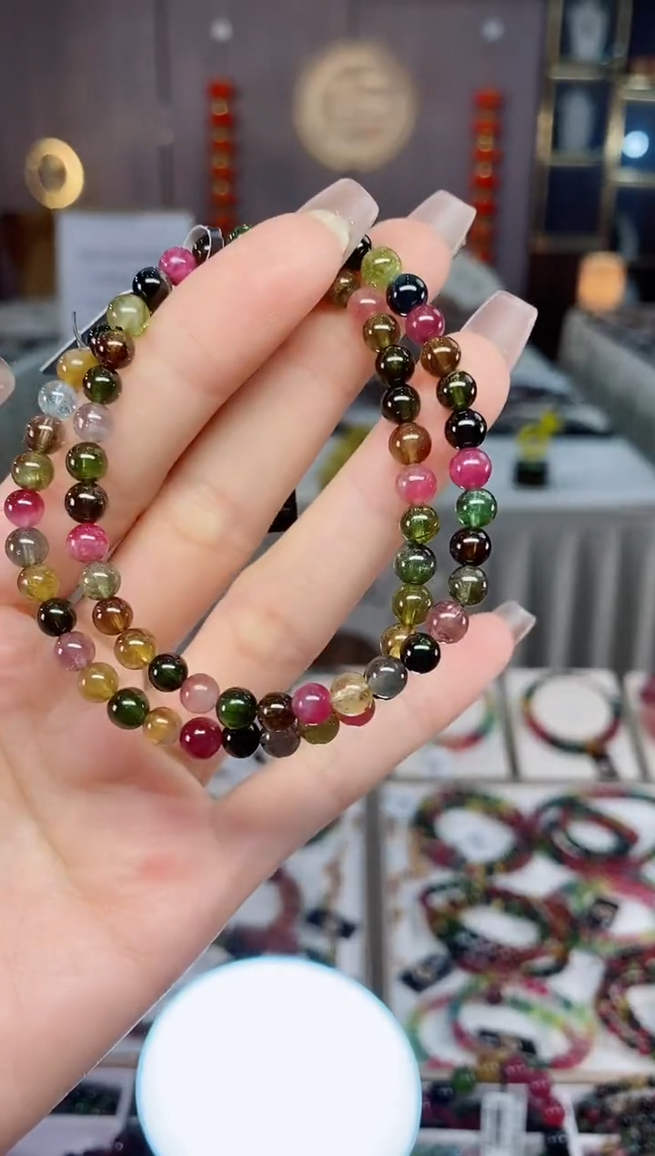 老矿碧玺色标透体单圈手串5mm+未镶嵌碧玺dan多样性发货一条