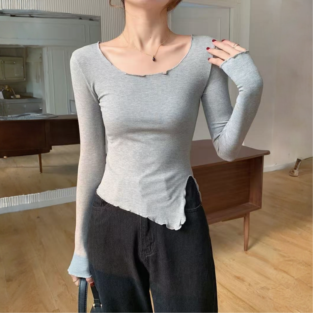 不规则开叉设计感打底衫百搭T恤女春秋纯欲风圆领长袖木耳边上衣