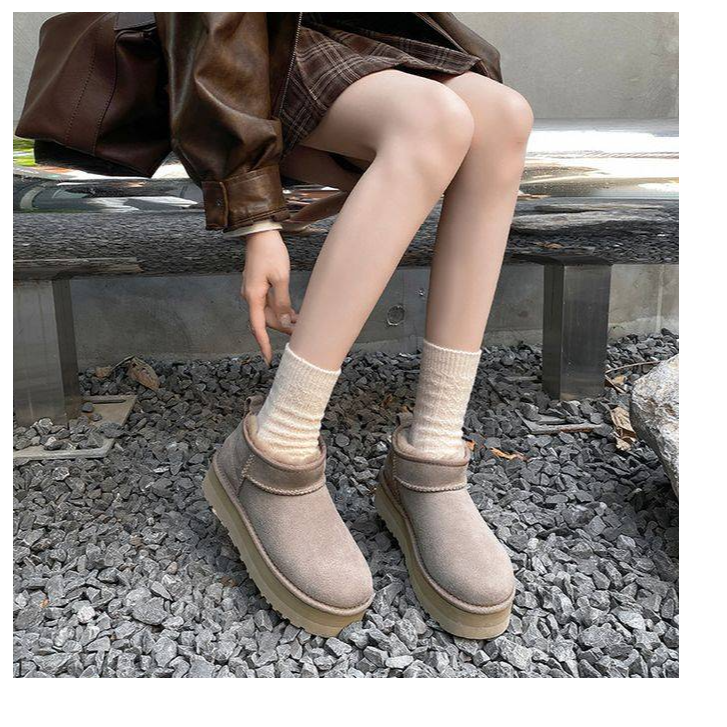 C3076  驯鹿棕  皮毛一体雪地靴厚底侧拉链加毛保暖棉靴