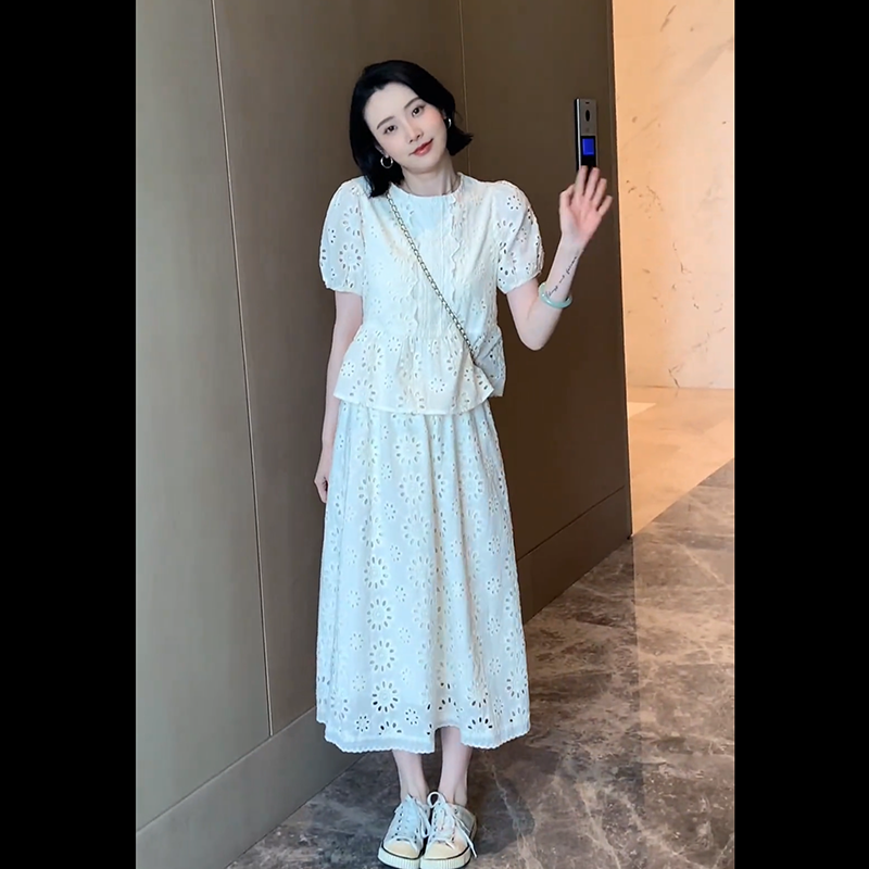 法式高级感刺绣套装裙女夏季新款气质韩版宽松上衣高腰显瘦半身裙