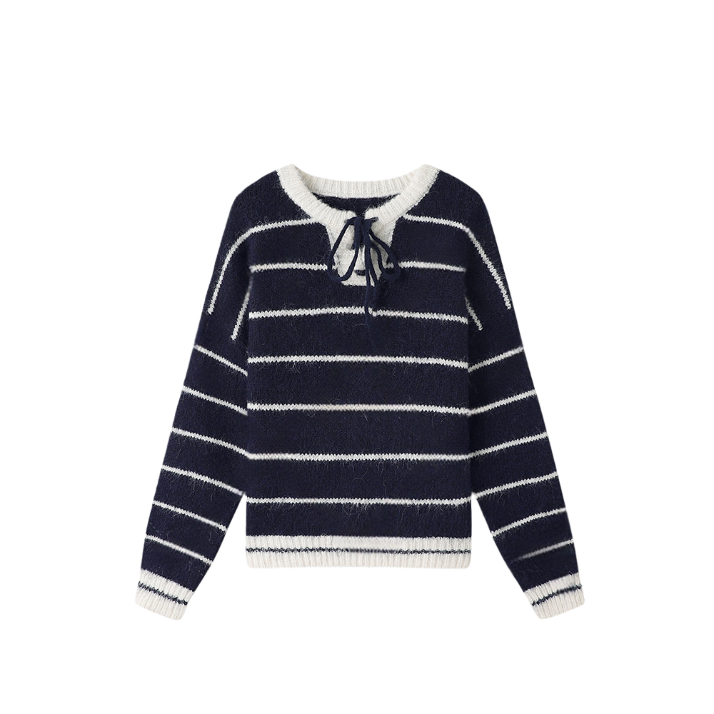 设计感系带毛衣女秋季新款条纹百搭气质上衣宽松韩版秋冬