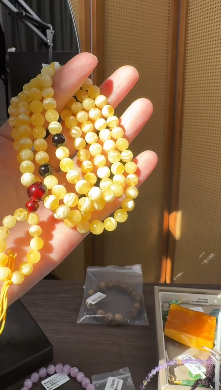 琥珀项链未镶嵌俄料瓷白妖花蜜蜡108项链手链两用款