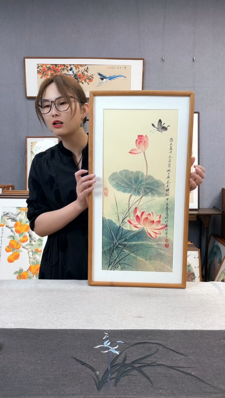 【闪购商品】国画王嘉诚-手绘带框作品-35*68-荷花