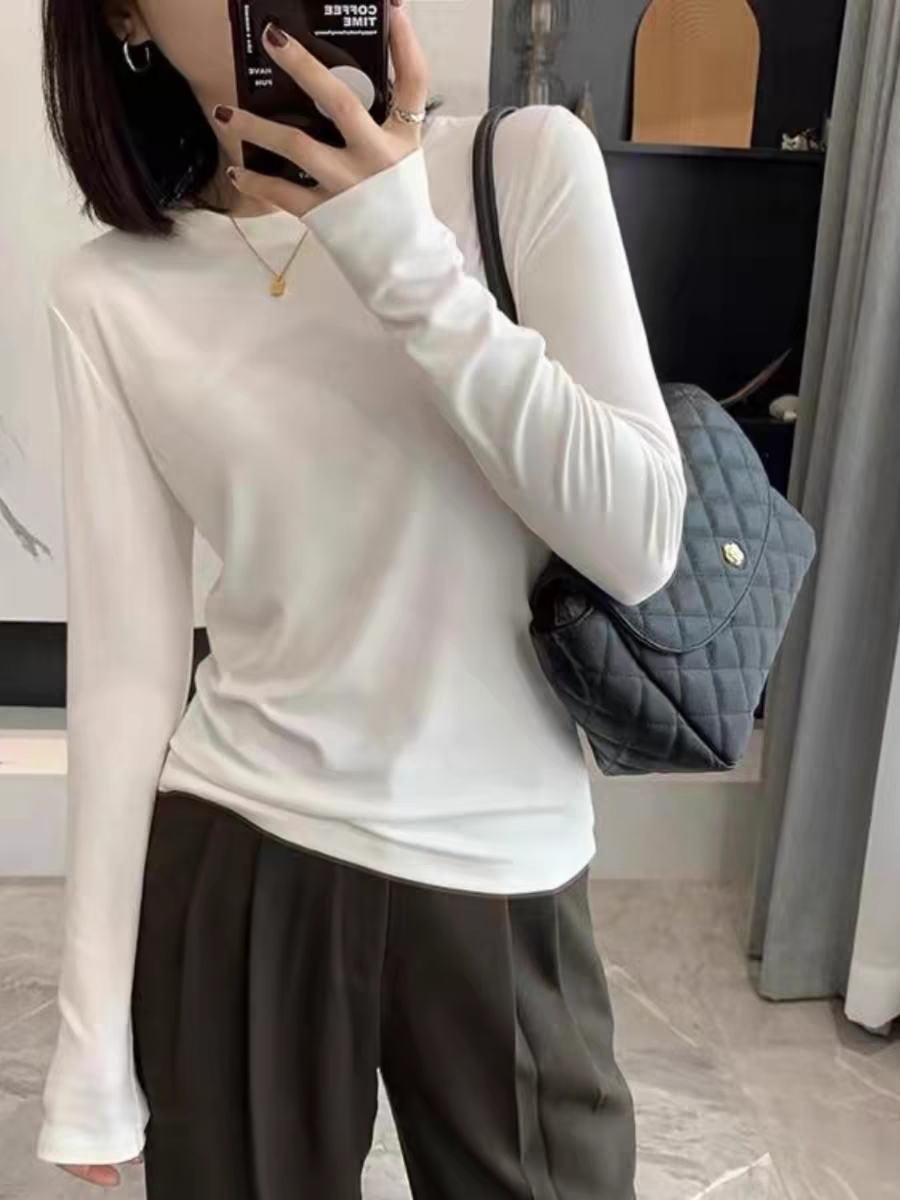 2025春装新款白色长袖t恤女洋气内搭显瘦百搭圆领打底衫小衫上衣