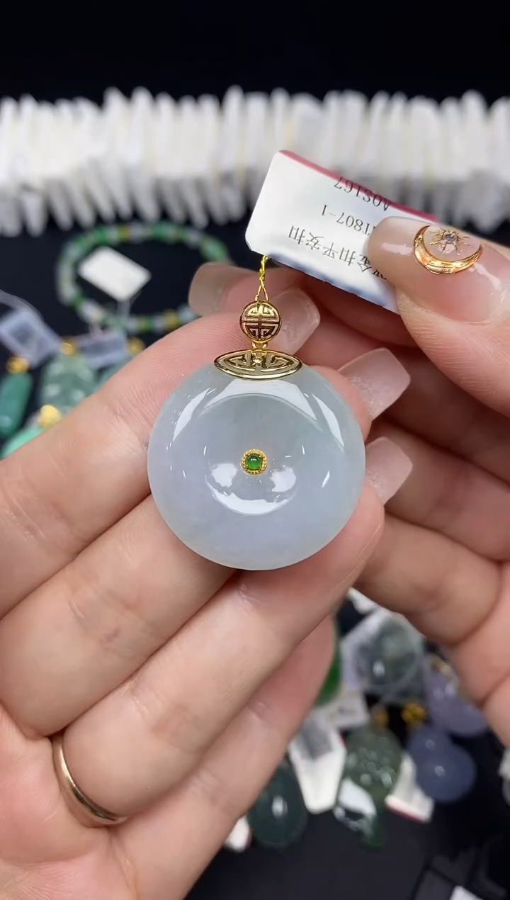 吊坠(不含链)18K金镶嵌翡翠平安扣18K金扣镶嵌@@CMT807-1