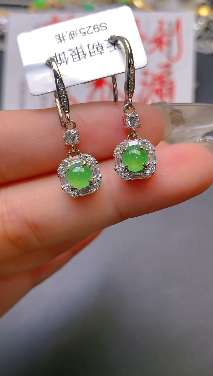 【闪购商品】翡翠耳饰银S925镶嵌天然A货翡翠1