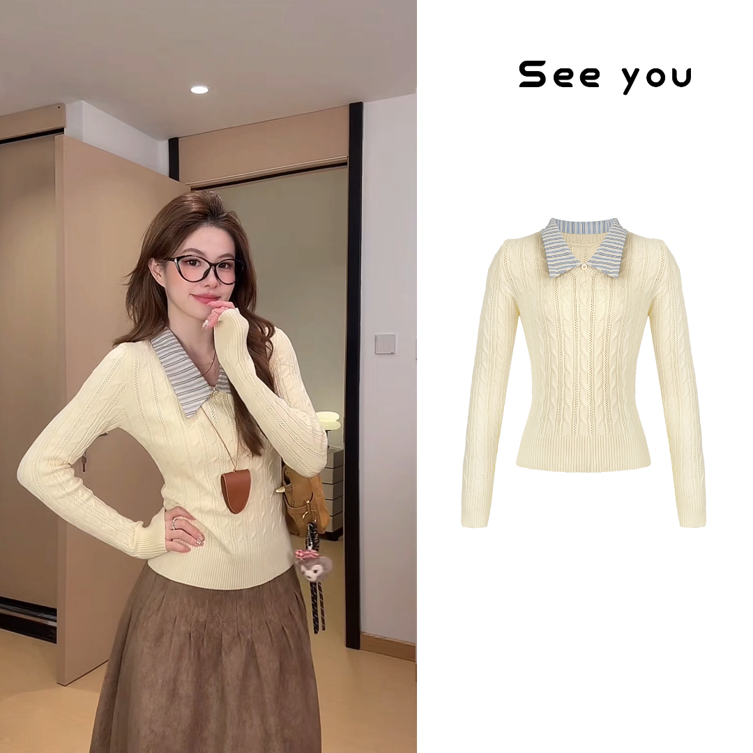 条纹拼接假两件复古绞花黄色针织毛衣L2216